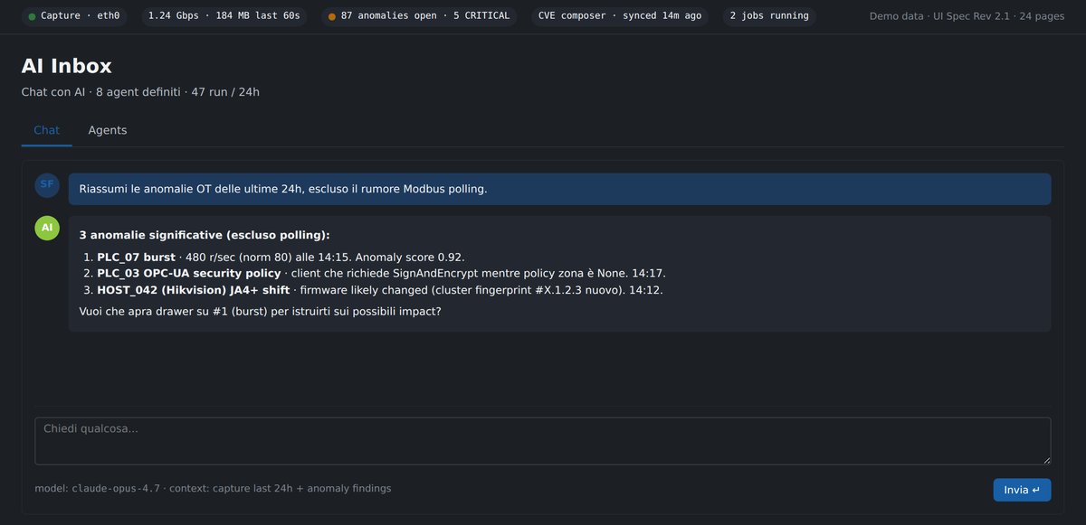 AI Inbox NetProbe — chat italiana, riassunto anomalie OT 24h, 8 agent definiti, modello claude-opus-4.7