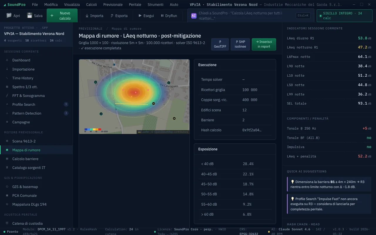 Mappa di rumore SoundPro: isofone LAeq notturno post-mitigazione su griglia 5m × 5m, sorgenti, barriera, ricettori critici e legenda dB(A) su cartografia OpenStreetMap