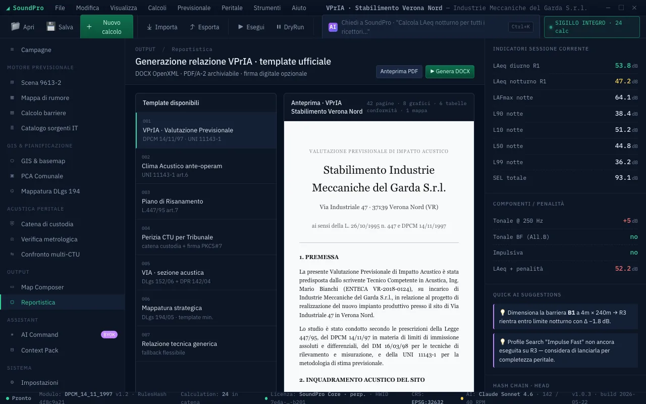 Reportistica SoundPro: editor template VPrIA conforme L. 447/95 e DPCM 14/11/97, citazioni automatiche dei Calculation, esportazione DOCX e PDF con metadata strumentazione