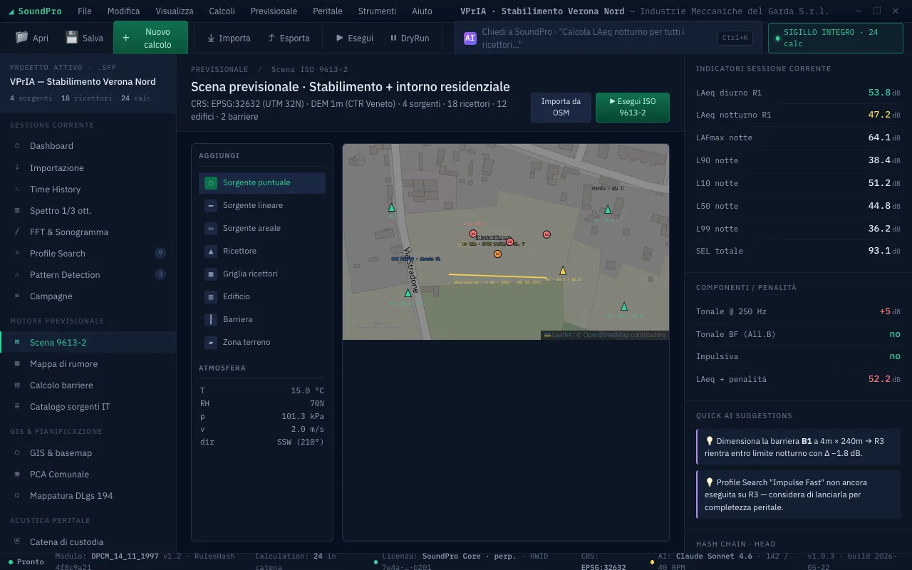Scena previsionale ISO 9613-2 in SoundPro: sorgenti, ricettori, edifici e barriera acustica su cartografia OpenStreetMap reale (zona industriale veneta), atmosfera standard impostata