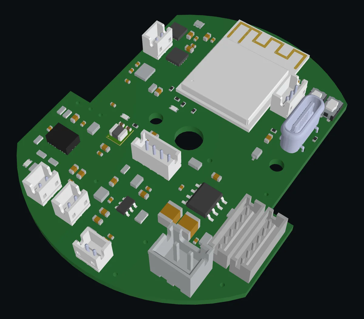 Scheda di controllo motori ST-LINE: render della board con modulo ESP32, connettori e sensori.